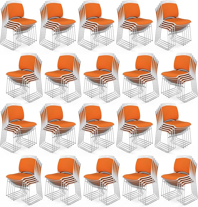 VINGLI Stackable Chairs Set of 100, Stacking Office Chairs with Metal Sled Base, Ergonomic Plastic Padded Seat & Back, Capacity 350lbs, Stacking Chairs for Waiting Room Break Room Banquet Guest,Orange