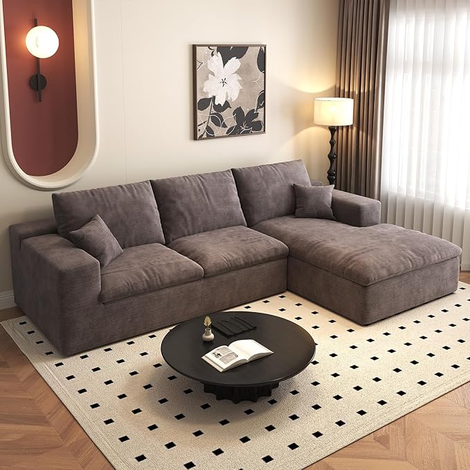 107'' L-Shaped Modern Modular Sectional Cloud Couch, 4-Seat Chenille Deep-Seat Sofa with Pillow for Living Room, Bedroom, Apartment, Camel