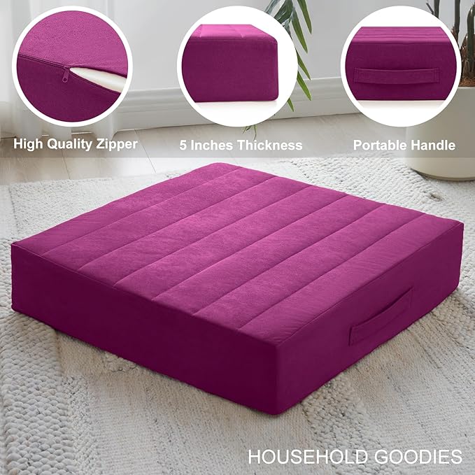 JKMAX 2 Pcs High Density Foam Floor Pillow - Upgraded Large Pillows Seating for Adults - Outdoor Floor Cushion with Soft Tufted Cover - Yoga Pillows for Sitting On Floor - 22 Inch Purple