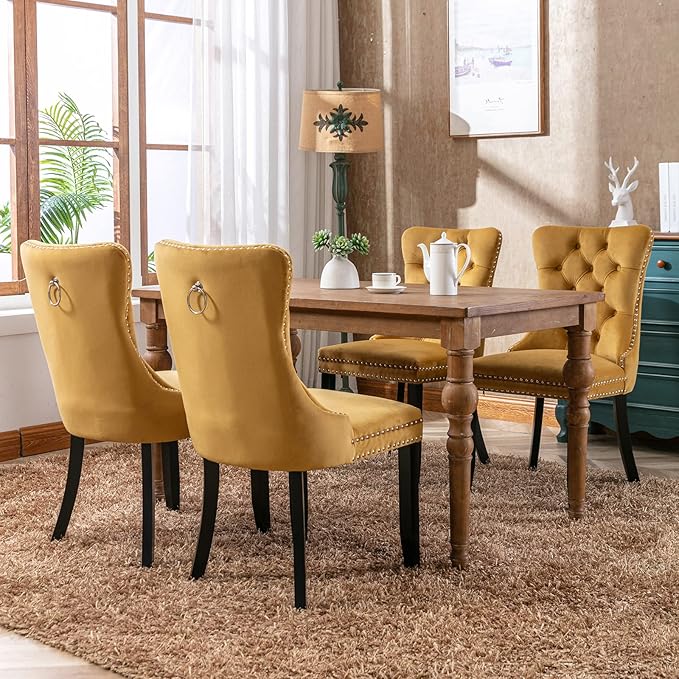 YeahFurn Yellow Mid Century Modern Dining Chairs Set of 4, Velvet Upholstered Kitchen & Dining Room Chairs with Nailhead Trim & Solid Wood Legs, Elegant Sillas De Comedor (Yellow, 4 Pcs)