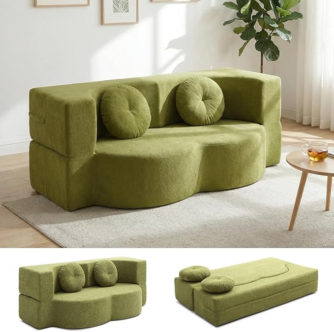 76" Convertible Folding Sofa Bed, 2-in-1 Twin Size Loveseat Sleeper Couch Bed with Two Pillows, Foldable Space-Saving | Design for Dorms Apartments Bedroom& Living Room,No Assemble(Green)