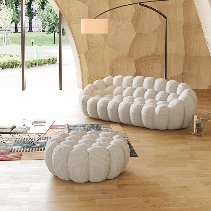 JACH Bubble Sofa with Ottoman, Curved Couch, Comfy Upholstered Sofa, Mesh Fabric 3D Honeycomb Shape Modern Couch for Living Room, Office, Apartment, Small Space (Light Grey)