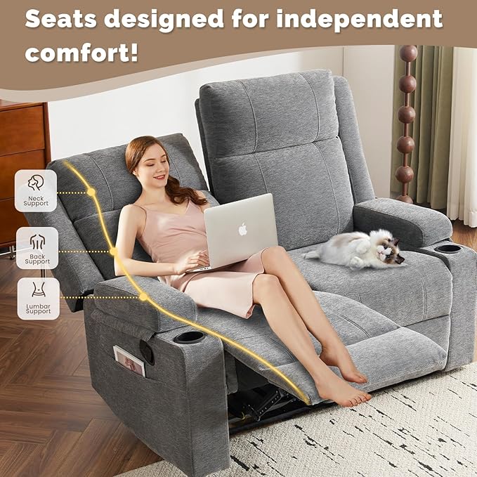 PALLOME Manual Reclining Loveseat Sofa, 2-Seater Recliner Couch with Cup Holders, Fabric Reclining Sofa for Living Room/RV (Gray)
