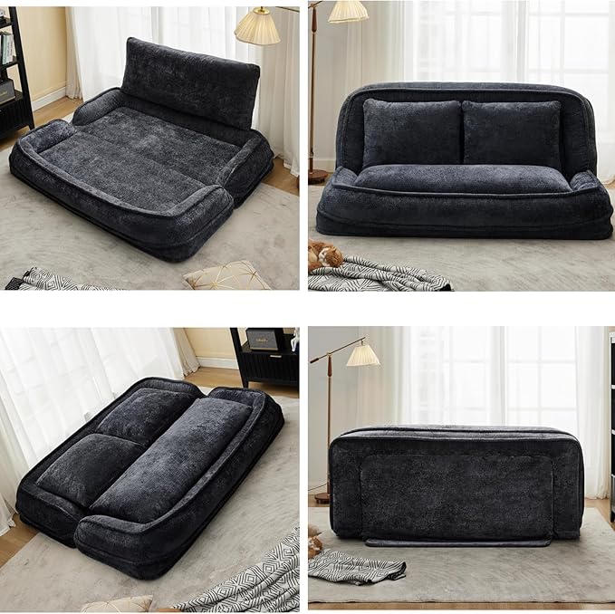 Foldable Lazy Sofa Bed, Chenille Upholstered Human Dog Bed for Adults, 2 in 1 Convertible Floor Sofa with 5 Adjustable Backrest Positions and Soft Cushions for Living Room (Black)