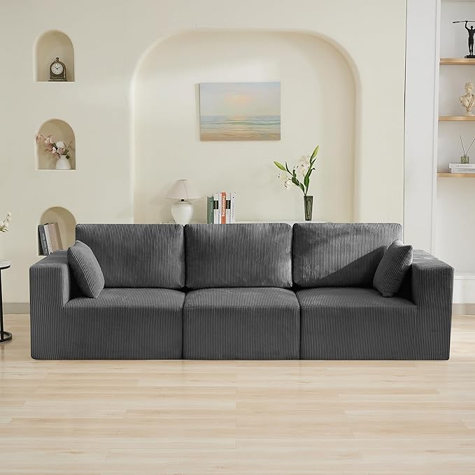115'' Comfy Boneless Couch, Upholstered Deep Seat Modular Cloud Sofa, No Assembly Corduroy Compression 3 Seater Sofa Couch for Living Room, Grey