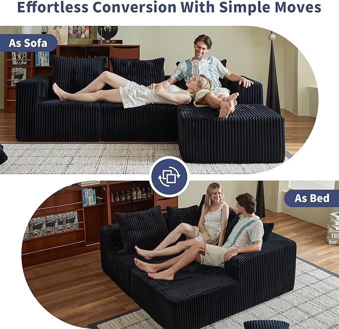 ERORVX 102" Black Couch for Living Room,Boneless Couch No Assembly Required,Comfy Couches with Oversized Chaise,Compressed Sofa for Any Room,Modern Sofa-Corduroy