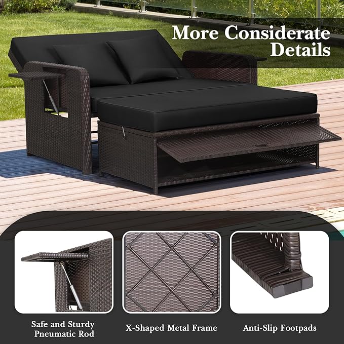 RELAX4LIFE Wicker Patio Outdoor Daybed - Rattan Day Bed Lounger with Loveseat & Storage Ottoman, Sunbed Sofa Set w/Cushions, 4-Level Adjustable Backrest & 2 Retractable Trays, Patio Daybed (Black)