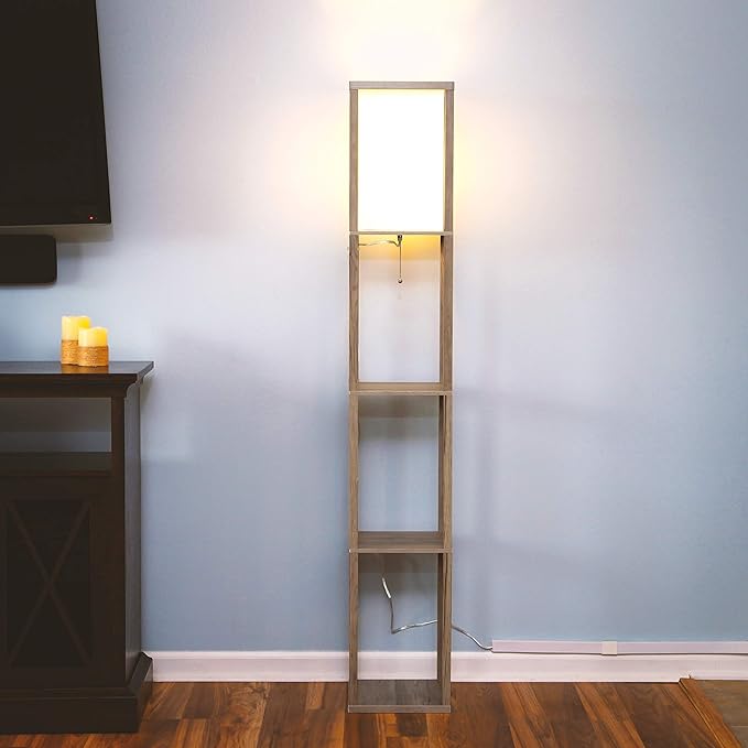 Brightech Maxwell - Modern Shelf Floor Lamp with Lamp Shade and LED Bulb - Coner Display Floor Lamps with Shelves for Living Room, Bedroom and Office - Rustic Wood