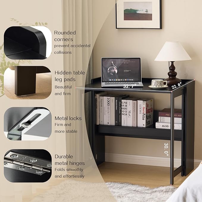 KEIKI 32.6" Folding Table with Storage Shelf, Foldable Computer Desk for Small Spaces, Space-Saving Study Table for Bedroom Home Office Dorm and Apartment, Black
