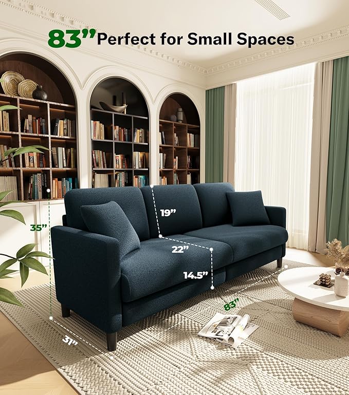 83" Couches for Living Room, Comfy Sofas for Living Room, Teddy Sofa Couch, Tool-Free Setup Loveseat Sofa, All-Wood Love Seat Couches, Small Couch 2 Pillows Included, Blue Grey