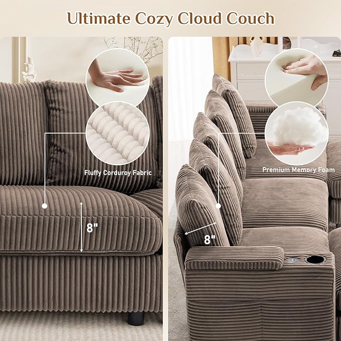 110" W x 60" D U Shape Sectional Sofa with USB Charging & Cup Holder & Storage, 5 Seater Plush Corduroy Couches with Movable Ottoman, Cloud Couch Sofas for Living Room, DIY Combination - Brown