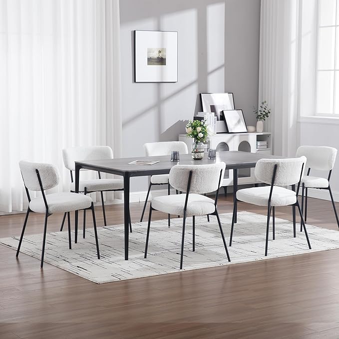 KCC Boucle Dining Chairs Set of 2, Modern Mid-Century Upholstered Stylish Kitchen Chairs Sherpa Accent Diner Chairs with Metal Legs and Curved Back for Kitchen, Dining Room(White)