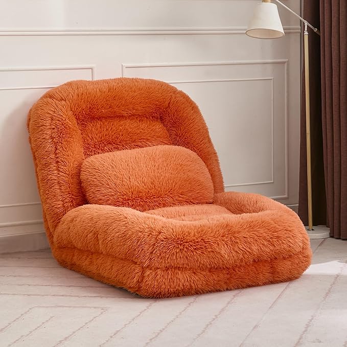 Upholstered Human Dog Bed for Adult & Pets, Convertible Lazy Sofa Bed with 5 Adjustable Position, Comfy Tatami Bean Bag Lounge Chair with 2 Soft Pillows for Bedroom Living Room (Orange Fluffy)