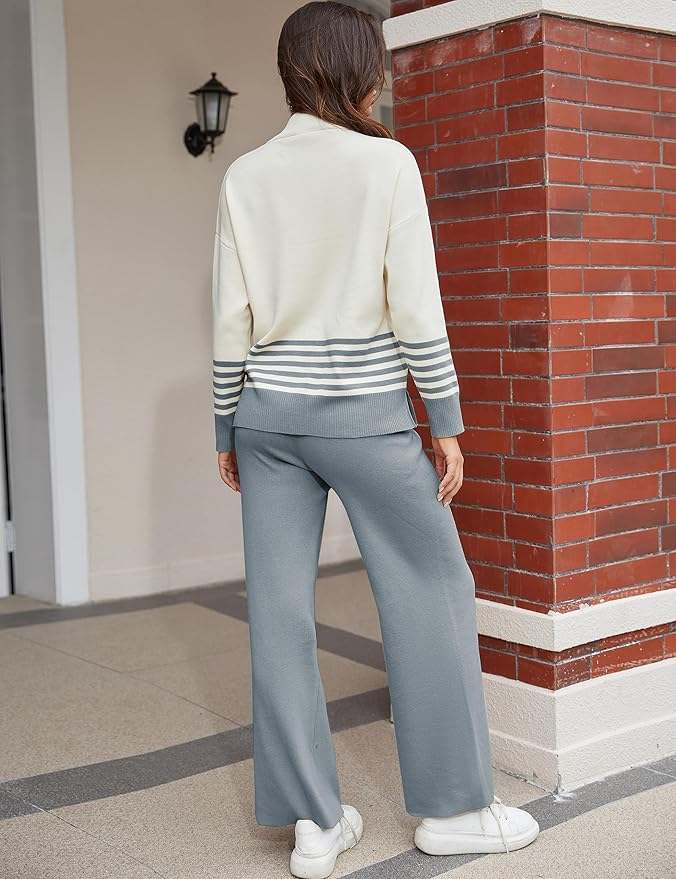 Tanming Women's Lounge Sets 2 Piece Outfits Knitted Pullover Sweater Tops Wide Leg Pants Tracksuit