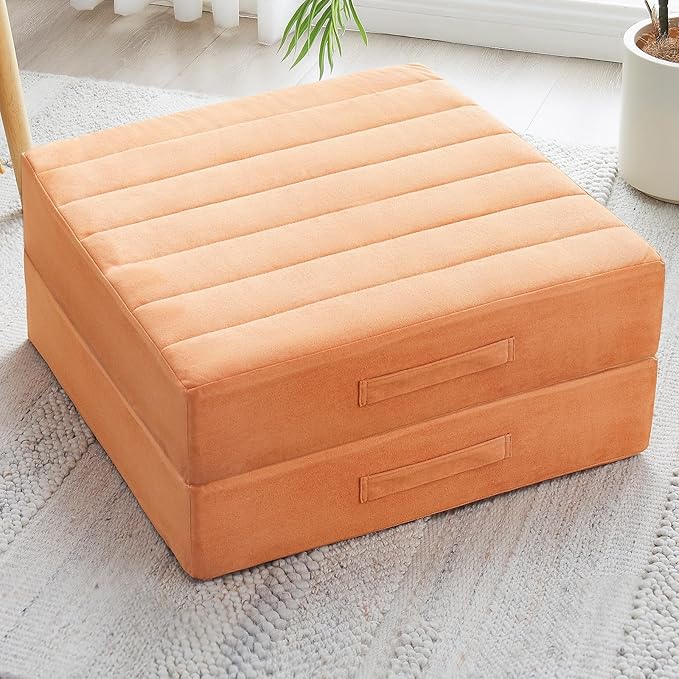 JKMAX 2 Pcs High Density Foam Floor Pillow - Upgraded Large Pillows Seating for Adults - Outdoor Floor Cushion with Soft Tufted Cover - Yoga Pillows for Sitting On Floor - 22 Inch Orange