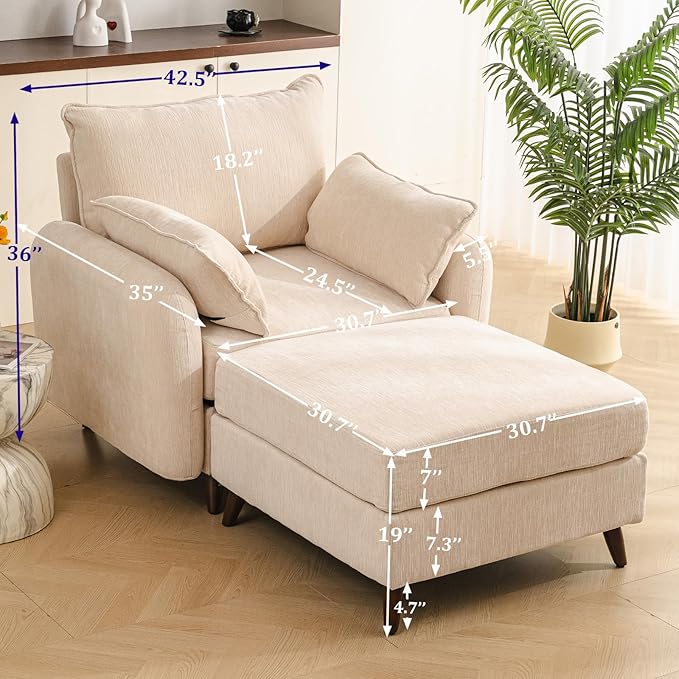 Oversized Accent Chair with Ottoman,All Seats Storage,Comfy Big Armchair,24.5'' Deep Seat,Upholstered Living Room Chairs,Reading Chair,Lounge Chair for Bedroom,Office,Chenille,Cream