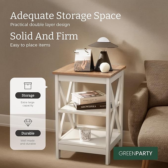 GREEN PARTY End Tables Living Room Set of 2,Side Tables with 3-Tier Storage Shelf, Small Nightstand for Bedroom, Wooden Frame,Small Coffee Table,Ivory White