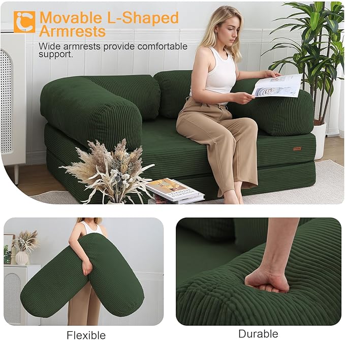 COMAX Futon Sofa Bed, 4-in-1 Floor Foldable Sofa Couch Bed with L-Shaped Armrests, Convertible Folding Chair Bed Sleeper Mattress Fold Out Lounge for Living Room Bedroom, Green