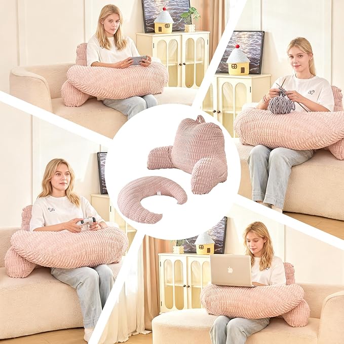 PAJEO Back Pillow for Bed Sitting Up,U Shaped & Back Support Pillow for Bed,17" Backrest with Lumbar & Arm Support,Comfy Corduroy Fabric,Lap Pillow for Gaming/Reading/Watching TV,Pink