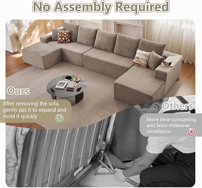 Lakifun 166.9" U-Shape Cloud Couch, Modern Modular Sectional Comfy L-Shape Sofa with Ottoman, Deep Seat, Upholstered Corduroy Sleeper Chaise Longue for Living Room Bedroom, No Assembly Required, Camel