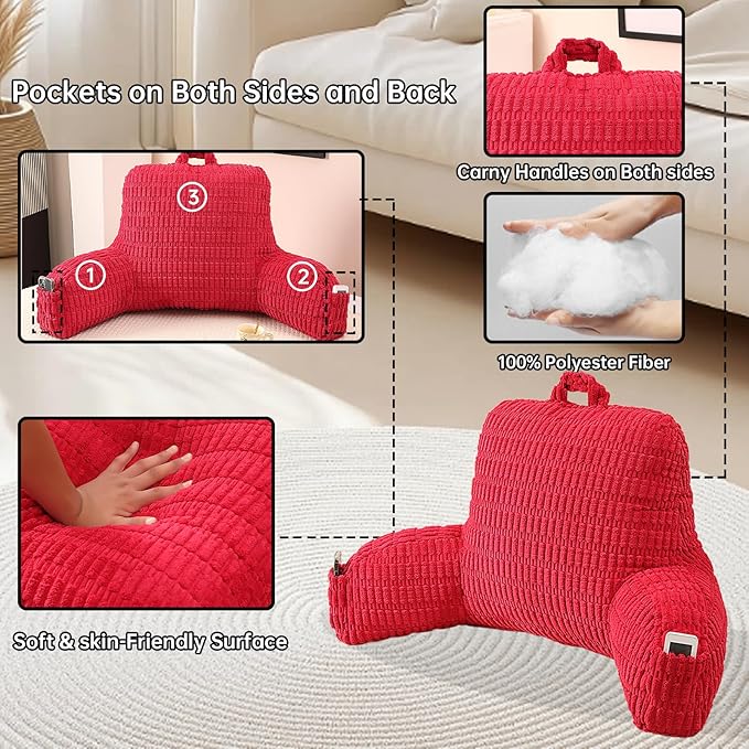 PAJEO Reading Pillow for Sitting in Bed, Large Backrest Reading Pillow with Arm Rest,Back-Rest Support Cushion for Sit Up on Couch, Sofa, and Floor, Dorm Essentials (Red Corduroy, Standard(17"))