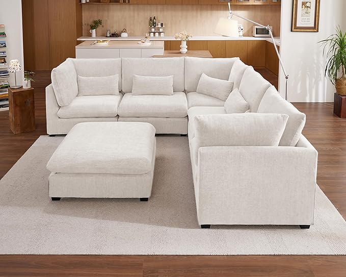 Oversized Modular Sofa, Extra Deep Cloud Chenille Sectional Couch with Ottoman Chaise, Fluffy Chenille Corner V Shape Sofa for Living Room, Villa (Corner V Shape+Ottoman, Chenille White)