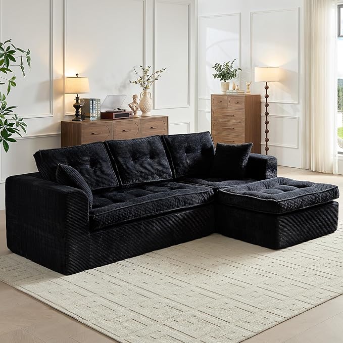 Cloud Couches for Living Room, Modern Modular Sectional Sofa with L-Shape Chaise, Boneless Couch with Deep Seat, Plush Corduroy, No Assembly Required (Black)