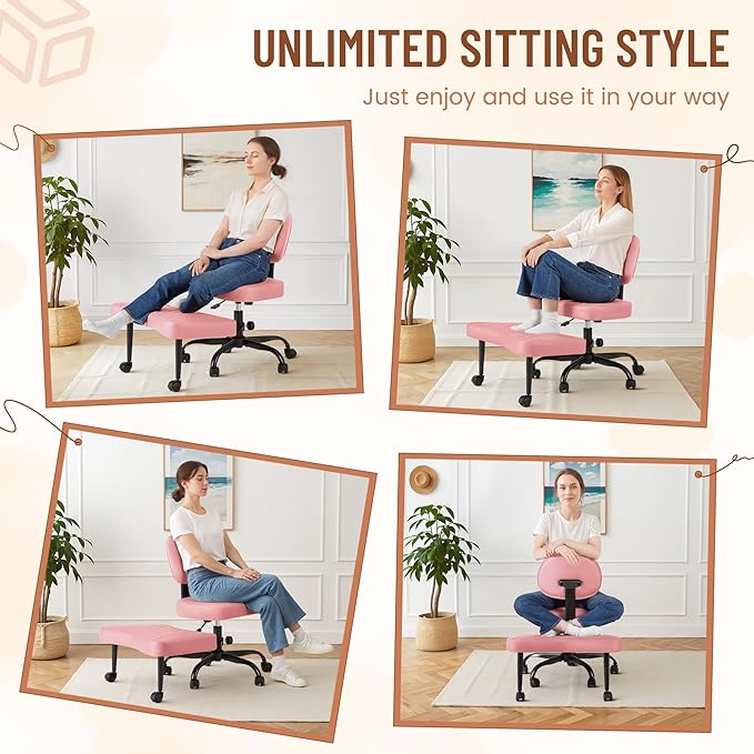 Homall Ergonomic Cross Legged Office Desk Chair with Wheels, 360° Swivel and Adjustable Height for Meditation and ADHD,Criss Cross Kneeling Chair with Lumbar Support (Leather, Pink)