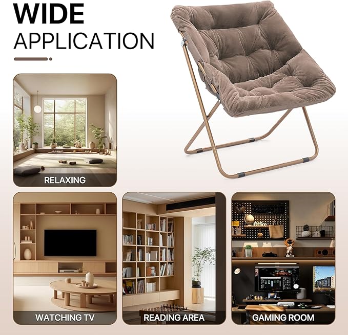 Athena Collection Saucer Chair for Adult, Square Comfy Cozy Chair Folding Chair Faux Fur Metal Frame Foldable Reading Chair Accent Chair for Bed Room Living Room, Brown