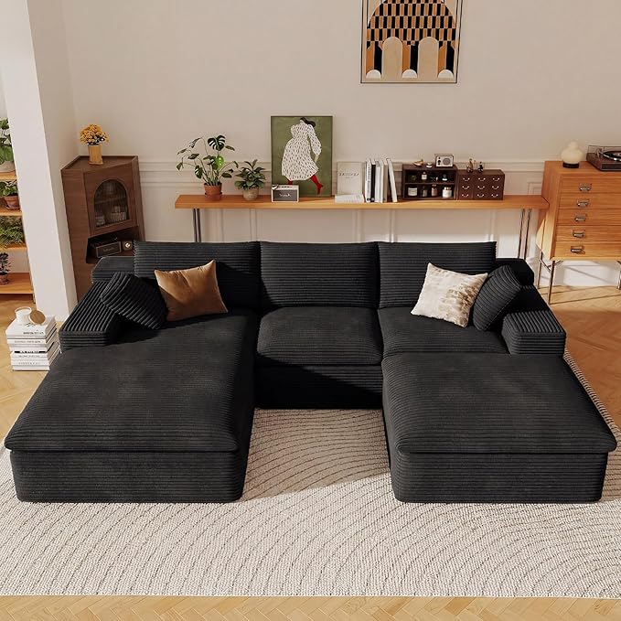 107" Cloud Sectional Couch with U-Shaped Chaise,Corduroy Viral Boneless Sofa with Ottoman,Memory Foam Couches in a Box with Deep Seat for Living Room,No Assembly Required (Black,Left-Facing Chaise)