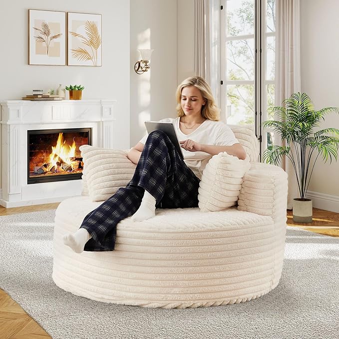 50"W Oversized Round Chaise Lounge Chair Indoor, Upholstered Corduroy Deep Seat Cloud Circle Sofa Chair, Modern Fluffy Comfy Floor Reading Armchair for Living Room, Bedroom, No Assembly Required,Beige