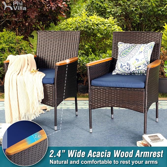 PHI VILLA 35" Rattan Patio Dining Chairs, Outdoor Furniture Wicker Dining Chairs with Removable Cushions Perfect for Backyard, Bistro, Garden, 2pcs, Black