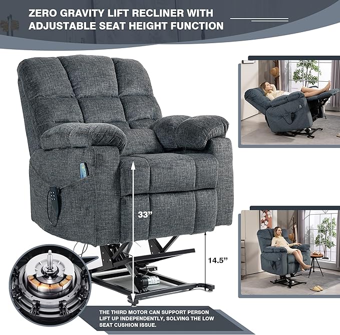 Lift Recliner Chairs with Heat and Massage for Elderly, Zero Gravity, Big Man Recliners 400lbs, Triple Motor, Power Lift Recliner Chair with Storage Cup Holders for Adults, Sleeping, Blue