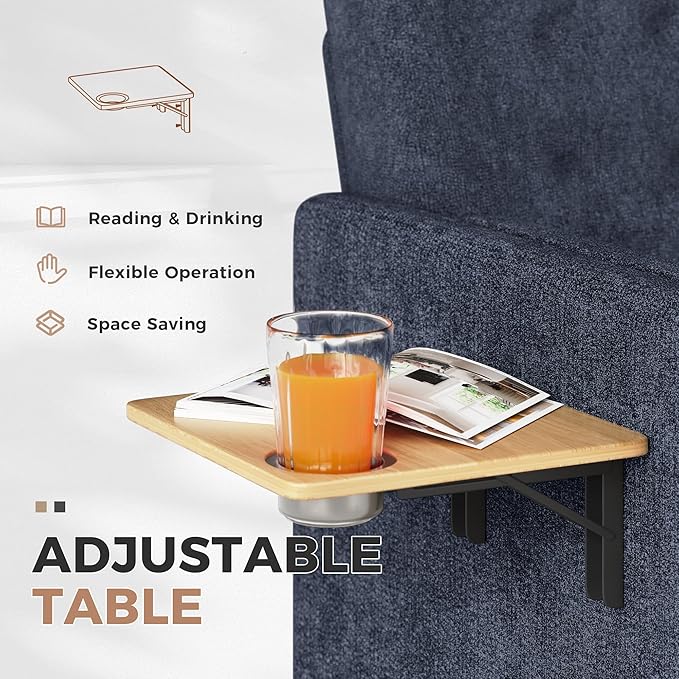 Chenille Accent Chair, Mid Century Modern Arm Chair with Foldable Wooden Side Table & Cup Holder - Comfy Reading Chair for Bedroom,Living Room Chairs,Sofa Chair Set of 2,Navy Blue