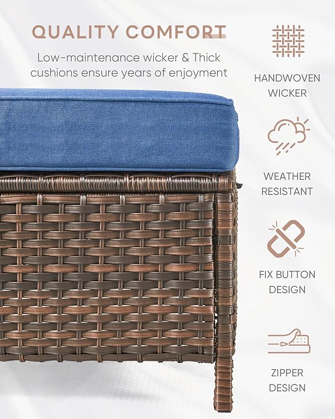 ACTREST Patio Ottoman Outdoor Wicker Side Table - 2PCS Multipurpose Heavy Duty All-Weather Brown Rattan Extra Seating Bench Footrest Footstool for Garden Back Porch Poolside Apartment - Navy Blue