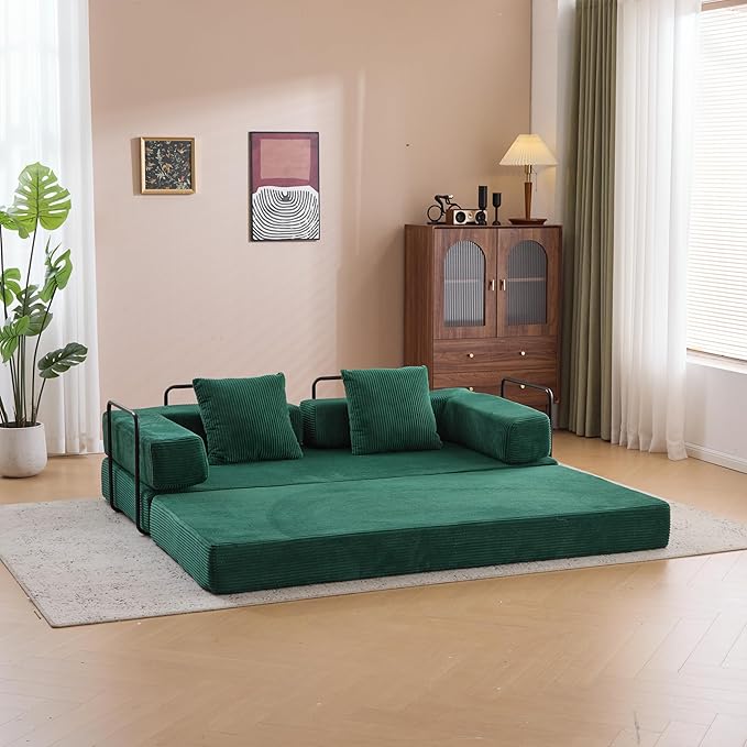 Floor Couch with Pillow Back Support and Armrest, Convertible Sofa Bed for Living Room or Bedroom, Corduroy Fabric Comfort Sleeper
