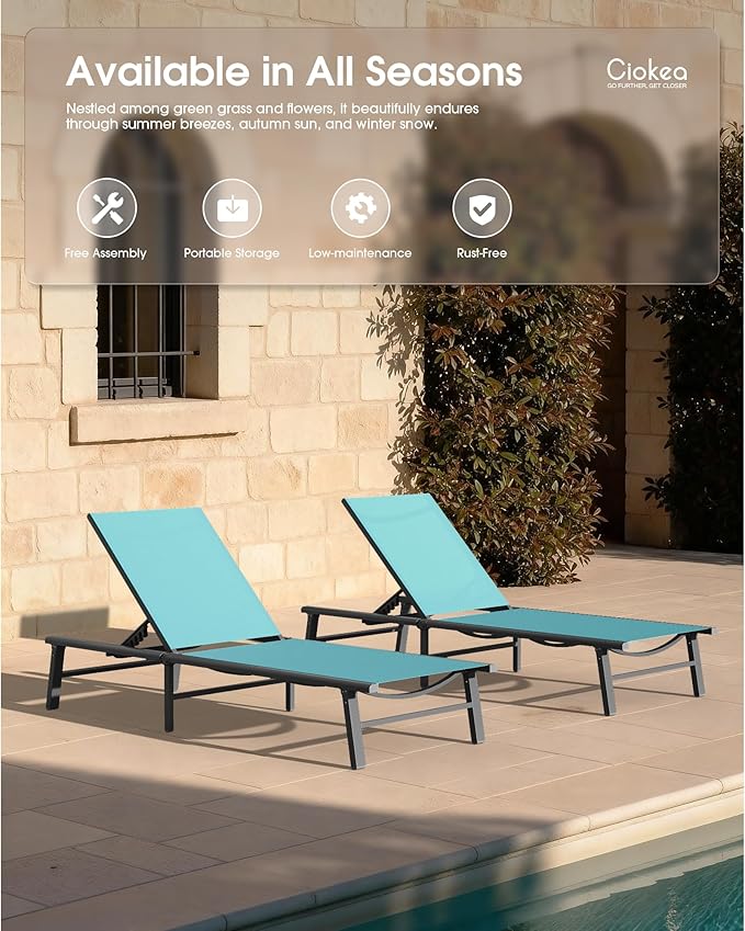Ciokea Aluminum Outdoor Lounge Chair Set of 2- No Assembly Needed, Foldable Patio Chaise Lounge with 5 Adjustable Positions, Reinforced Frame for Extra Durability, Pool Beach Lounge Chair,Lake Blue