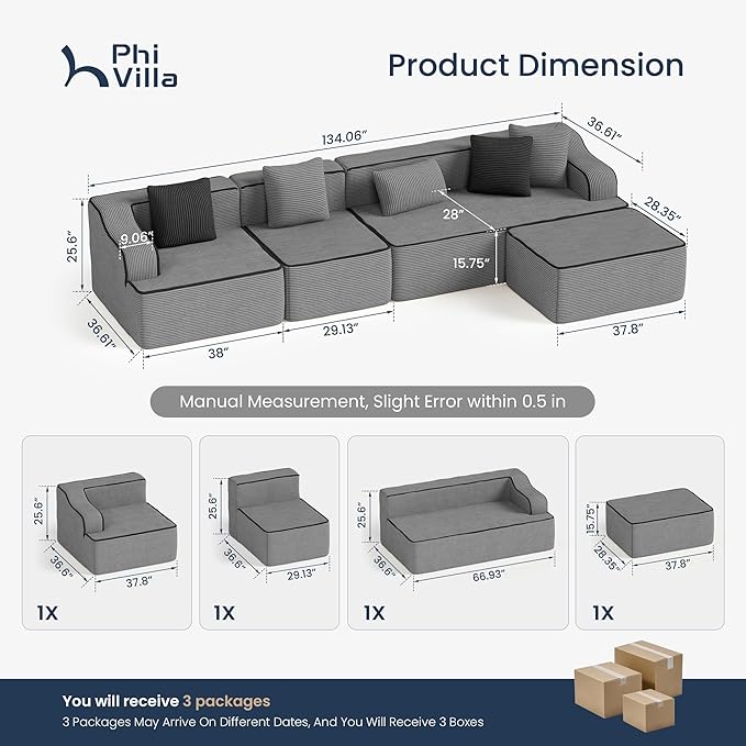 PHI VILLA Cloud Modular Couch Sets, 134" L-Shaped Sectional Sofa with Movable Ottoman, 5-Seater Couches with Deep Seat for Living Room, No Assembly Required, Corduroy, Grey