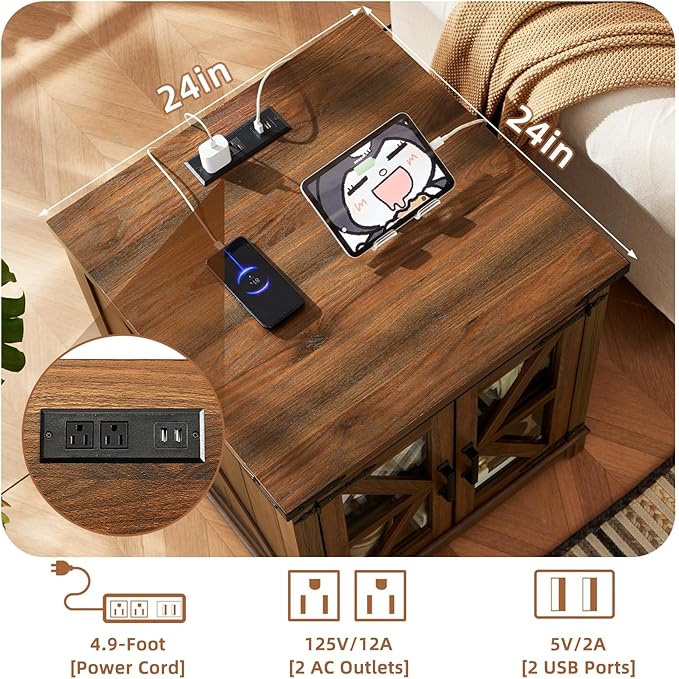 Joaxswe Farmhouse Coffee Table Set, 3 Pieces: Large End Side Tables with Charging Station and Coffee Table with Hidden Storage Compartment, Brown Wood Furniture Sets for Home Office