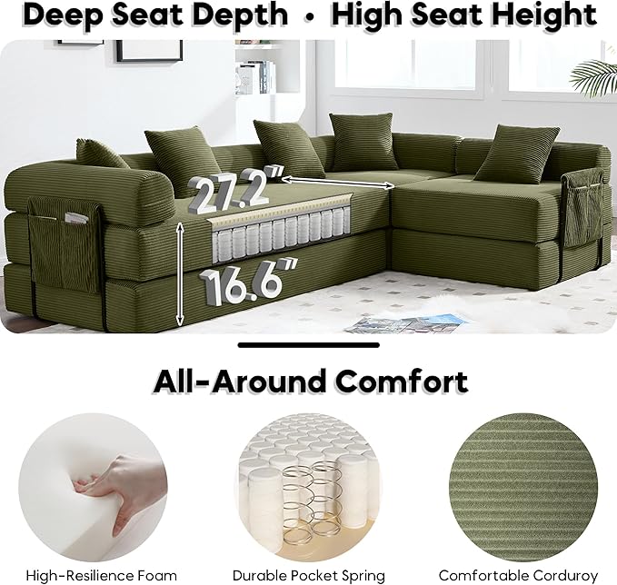 L Shape Convertible Sofa Bed with Cylindrical Pillow and Storage Pocket, Convertible Sofa Couch Bed with Support Frame for Living Room Bedroom Children Room-Oliver Green