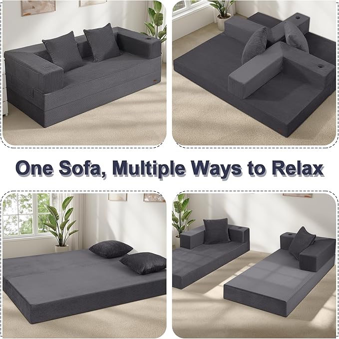 COMAX Futon Sofa Bed Queen, 79" Convertible Sofa Bed Couches for Living Room, 4 in 1 Folding Boneless Sleeper Corduroy Couch Loveseat Foam in a Box, Foldable Comfy Lounge Fold Out Floor Mattress Grey