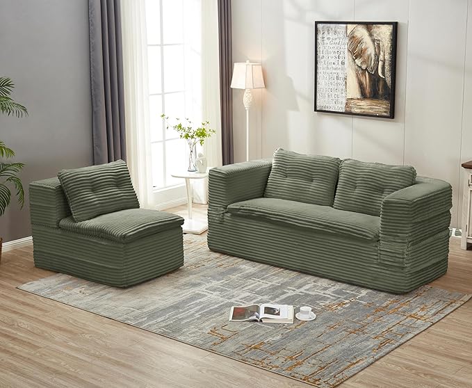 80" Foldable Floor Couch, 3-Seat Convertible Sleeper Sofa with Chaise Lounge, Blanket and 3 Soft Pillows, Corduroy Fabric, for Living Room, Bedroom, Apartment, No Assembly Required, Green