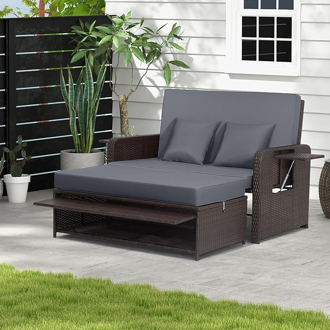 RELAX4LIFE Wicker Patio Outdoor Daybed - Rattan Day Bed Lounger w/Loveseat & Storage Ottoman, Sunbed Sofa Set w/Cushions, 4-Level Adjustable Backrest & 2 Retractable Trays, Patio Daybed (Grey-Brown)
