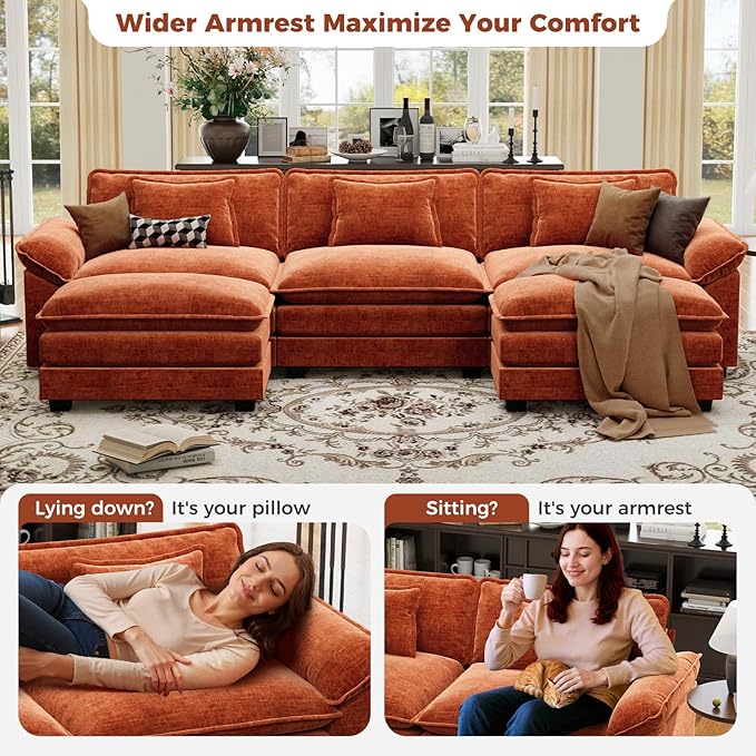 CDCASA 120" Oversized Modular Sectional Sofa, Comfy U-Shaped Cloud Couch w/ 2 Movable Ottoman, 5-Seater Chenille Deep Seat Modern Sofa Couch for Living Room, DIY Combination, Terracotta Orange