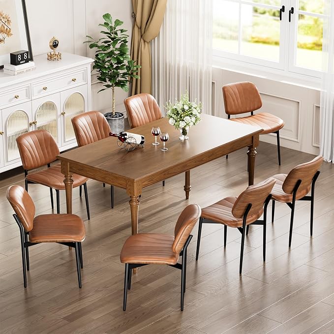 YaFiti Dining Chairs Set of 8, Dining Room and Kitchen Chairs, Mid Century Modern Accent Chair, Upholstered PU Leather Chairs for Vanity with Walnut Bentwood and Metal Legs, Light Tan