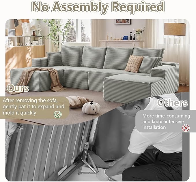 Lakifun 135" L-Shape Sofa with Ottoman, Modern Modular Sectional Comfy U-Shape Cloud Couch, Deep Seat, Upholstered Corduroy Sleeper Chaise Longue for Living Room Bedroom, No Assembly Required, Grey