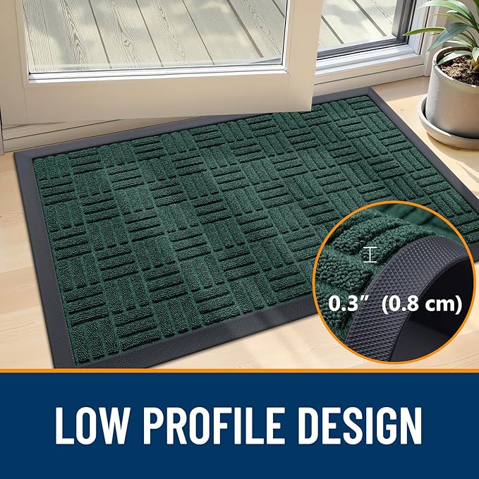 OLANLY Front Door Mat Outside Entrance 47x23, Absorbent, Heavy Duty Sturdy Natural Rubber Doormat Indoor Outdoor, Non-Slip, Stain and Fade Resistant, Low Profile Floor Mat for Entryway, Black Green