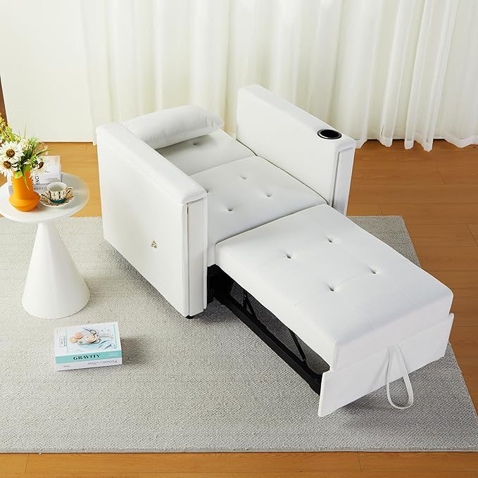 Velvet Convertible Chair Bed, 3 in 1 Multi-Functional Lounge Chair Sleeper, Pull Out Couch Guest Bed with Hidden Table and Adjustable Backrest for Living Room (White)