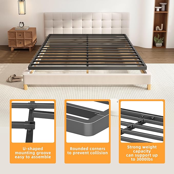 VIPSHOW 2 Inch Twin XL Metal Box Spring with Round Corners - 3000 lbs Capacity, Low Profile Bed Slat Replacement Bunkie Board with Steel Slats, Noise-Free, Easy Assemble, Black