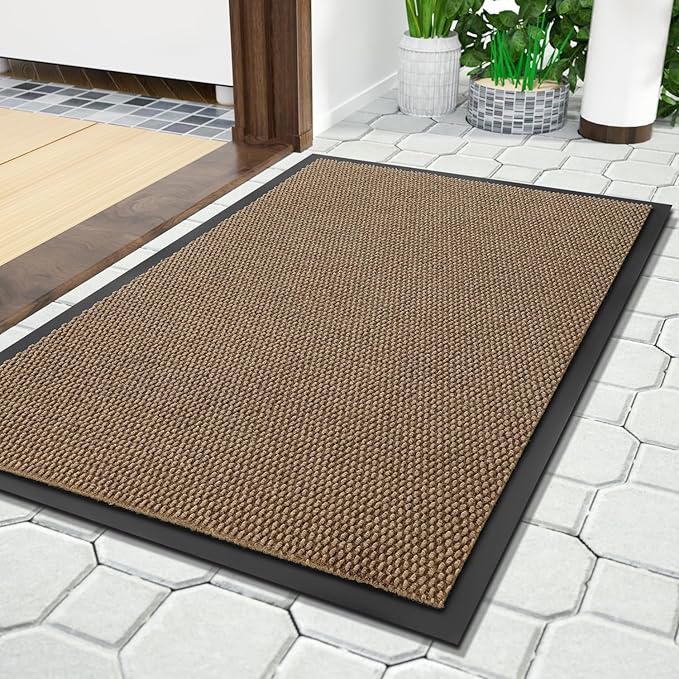 Yimobra Doormat Outdoor Indoor Entrance 29.5 x 17, All-Season All-Weather Front Door Mat, 100% Waterproof Welcome Matt for Floor Garage Outside Entry, Stain and Fade Resistant,Khaki